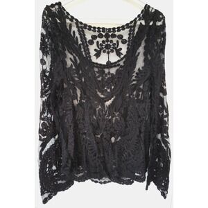 Floral Mesh Lace Embroidered Top Black Sheer Boho Blouse Bell Sleeve Gothic